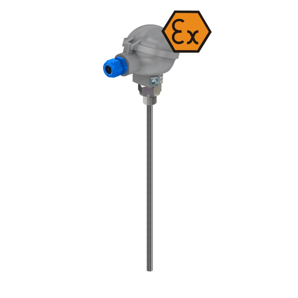 Thermomètre à résistance avec tête de connexion, insert intérieur et raccord - ATEX sécurité intrinsèque