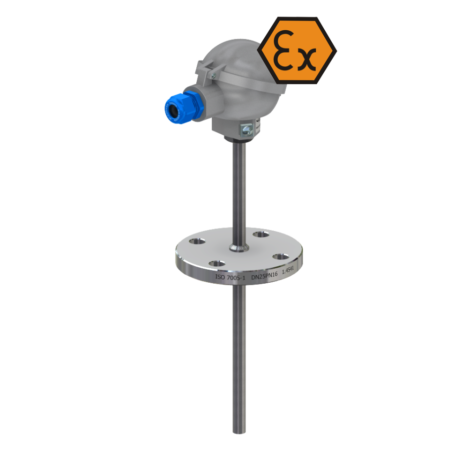 Termômetro de resistência com cabeça de conexão, flange e inserto - ATEX intrinsecamente seguro
