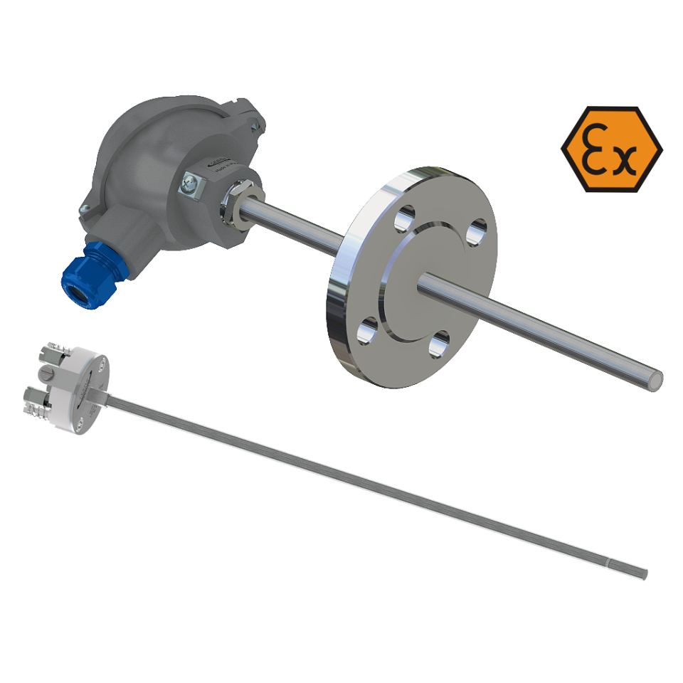 Termômetro de resistência com cabeça de conexão, flange e inserto - ATEX intrinsecamente seguro