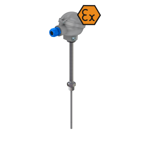 Weerstandsthermometer met aansluitkop, inzetstuk en soldeerverbinding - ATEX intrinsiek veilig