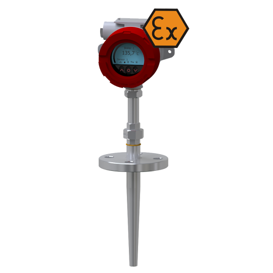 Termômetro de resistência com display, flange e redução - ATEX Exi / Exd