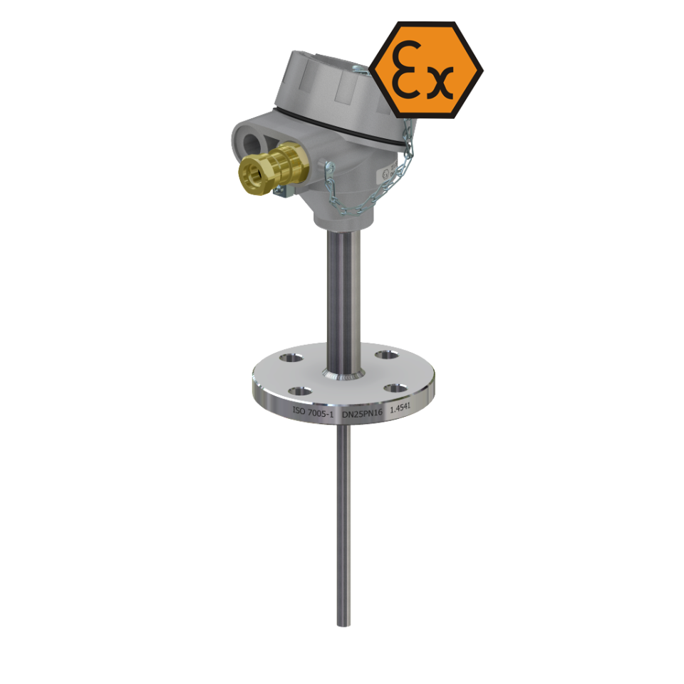 Fast response time resistance thermometer with connection head and flange - ATEX explosion proof