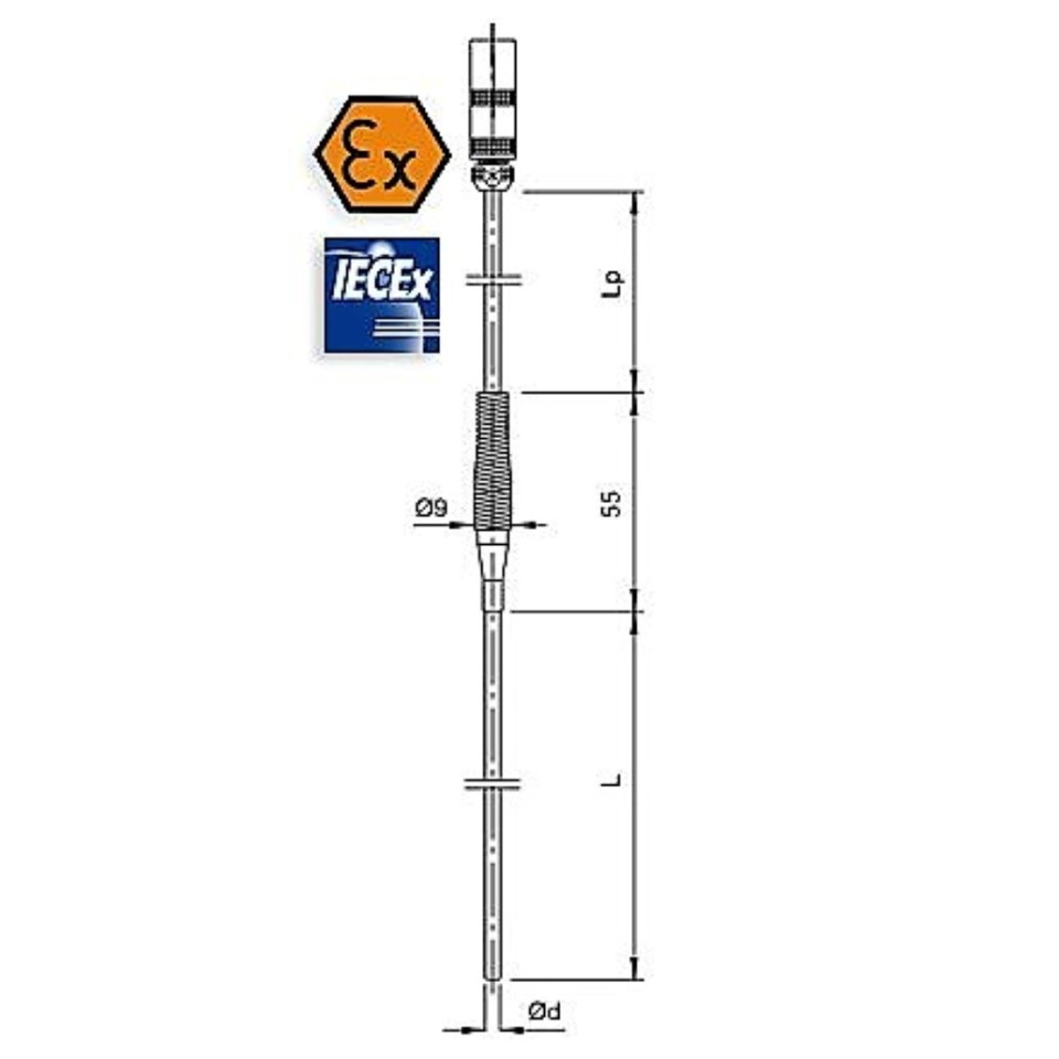 ATEX intrinsiek veilig thermokoppel met mantel, bedraad met LEMO-connector