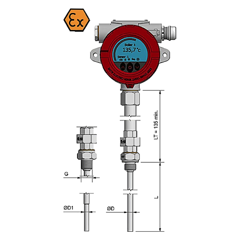 Termômetro de resistência com display e conexão remota - ATEX Exi / Exd