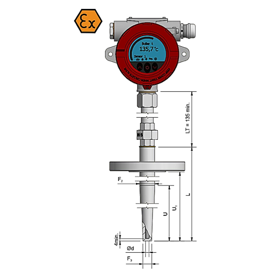 Thermomètre à résistance avec afficheur, bride et réduction - ATEX Exi / Exd