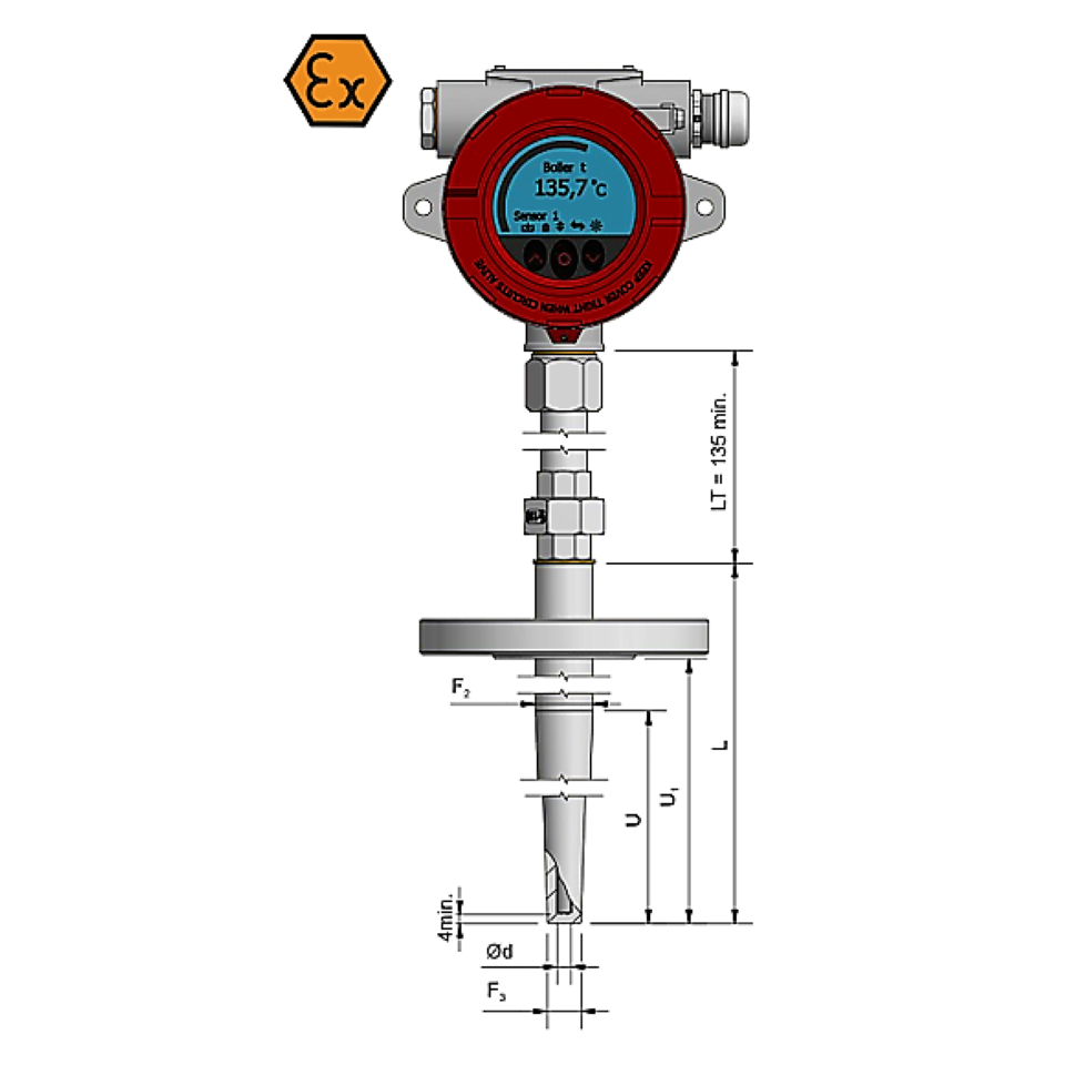 Termómetro de resistencia con pantalla, brida y reducción - ATEX Exi / Exd