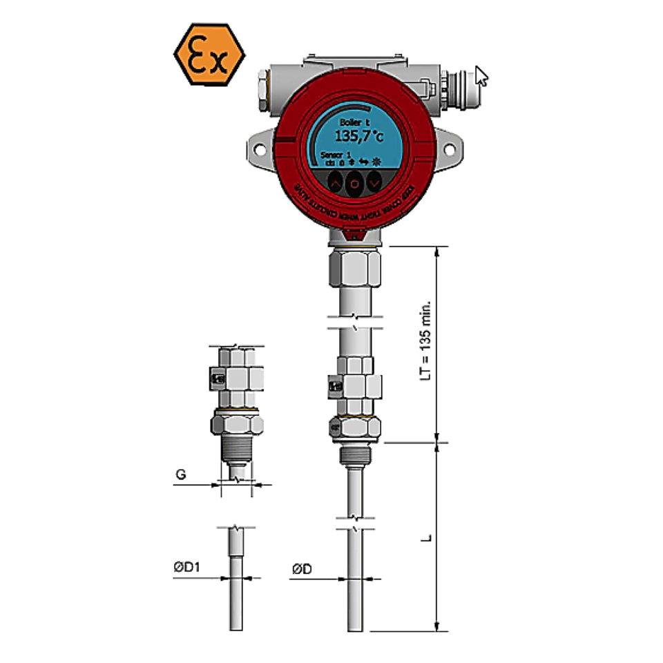 Thermocouple avec afficheur et raccord déporté - ATEX Exi / Exd