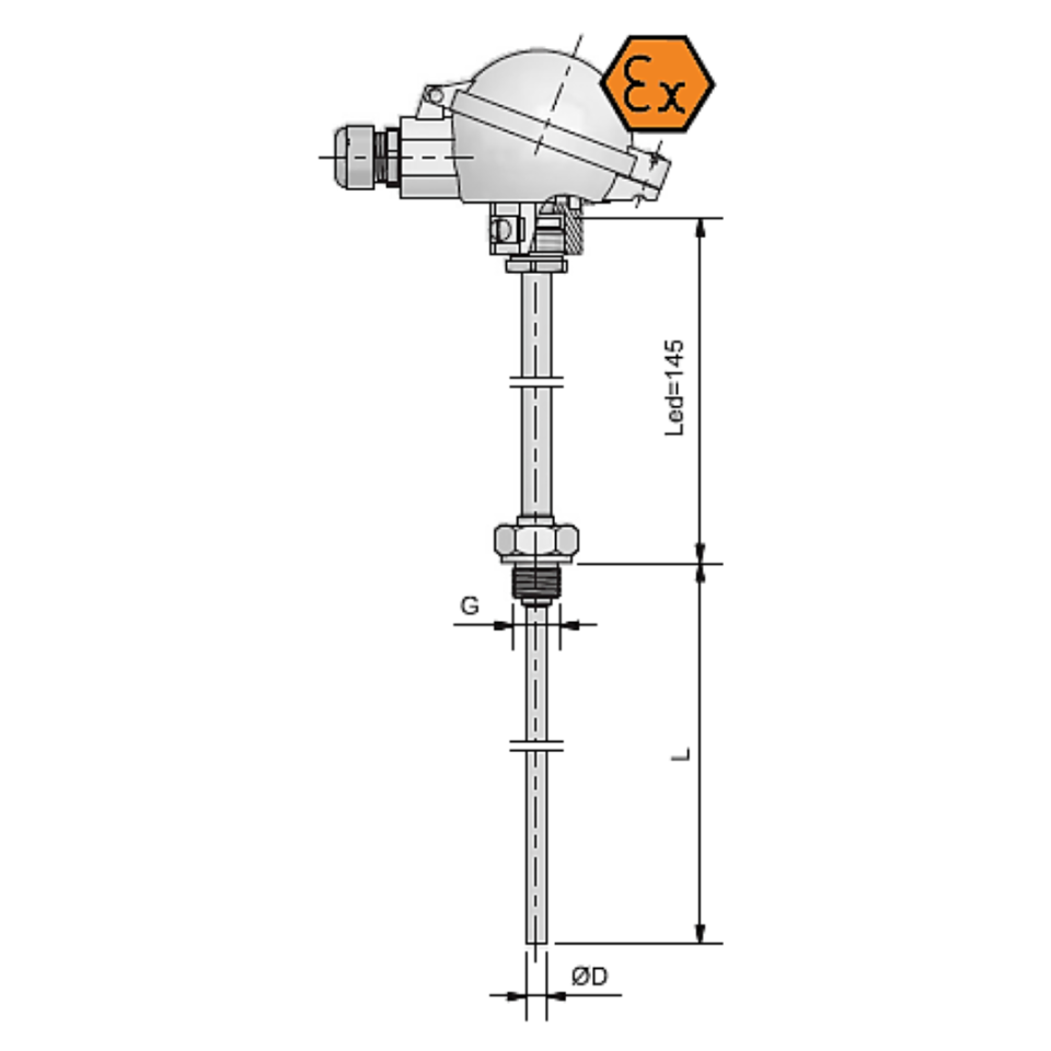 Termometr oporowy z głowicą przyłączeniową, wkładką wewnętrzną, przyłączem do wspawania, wytrzymały - iskrobezpieczny ATEX