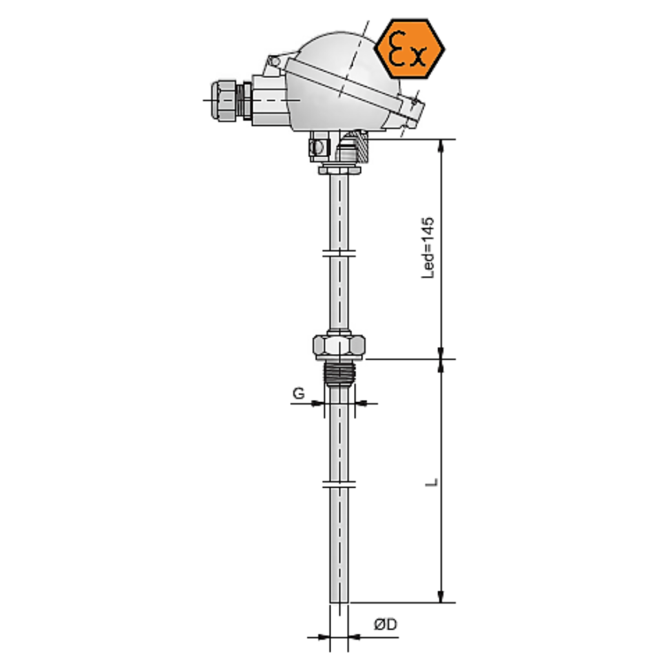 Termometr oporowy z głowicą przyłączeniową, wkładką wewnętrzną i przyłączem lutowanym - iskrobezpieczny ATEX