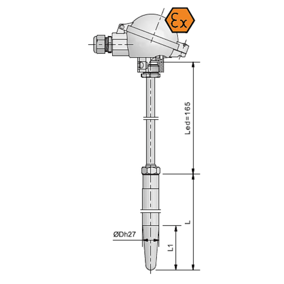 Widerstandsthermometer mit Anschlusskopf, Untersetzung und Einsatz - ATEX eigensicher