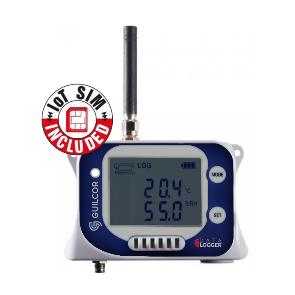 Registrador de dados de temperatura e umidade GSM com conector para sonda de temperatura externa