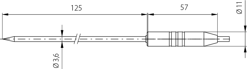 Diagrama de la sonda de punción con mango de teflón de 11 mm, -50 ° C a 280 ° C