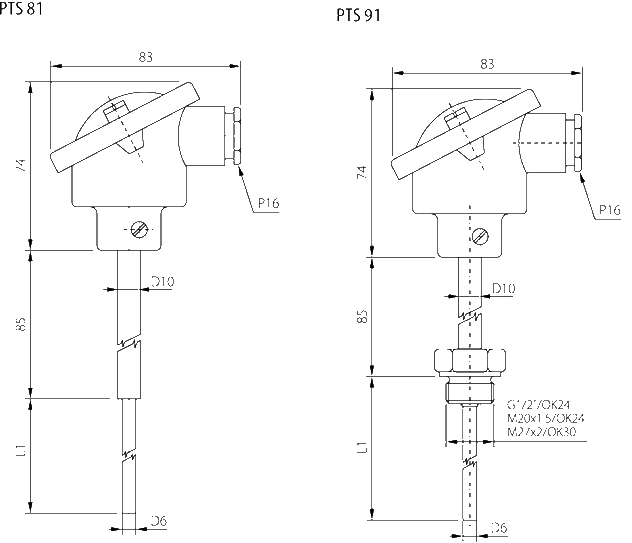 Probe with connection head - 4 ... 20mA converter