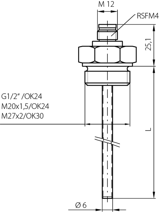 Probe with lumberg M12 connector, connection G1 / 2 ", 6mm, -50 to 150 ° C