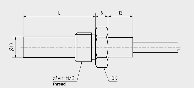 Schéma bimetalové sondy propojené trubkou a průměrem připojení z nerezové oceli 10 mm